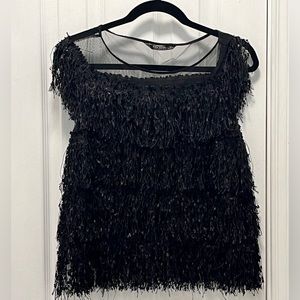 ZARA WOMENS TOP, black fringe & mesh, size medium